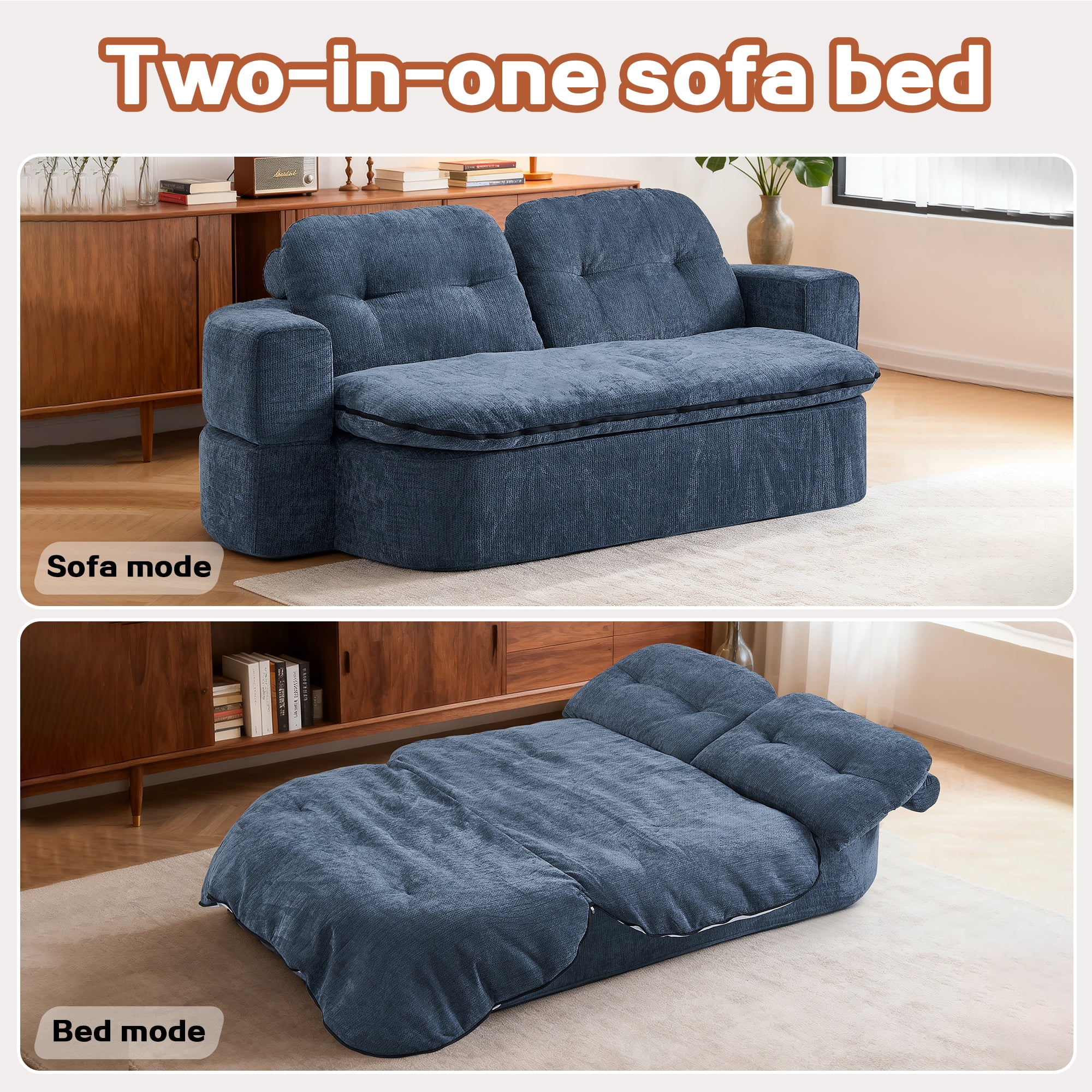 Sleeper Sofa Bed with 2 Pillows,Corduroy Convertible Futon Sleeper Sofa Couch,Modern Floor Sofa Bed,Folding Mattress for Living Room,Small Spaces,Dark Blue