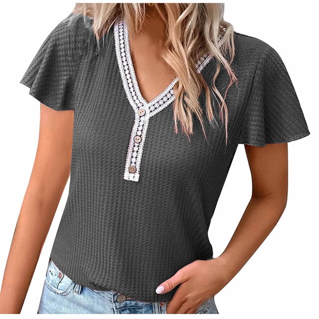 Blouses à Manches Courtes pour Femmes Mode Été Col en V Boutons Manches Courtes Unies Décontractées Pull Tops Femmes Manches Courtes Tops Femmes Manches Courtes Blouse