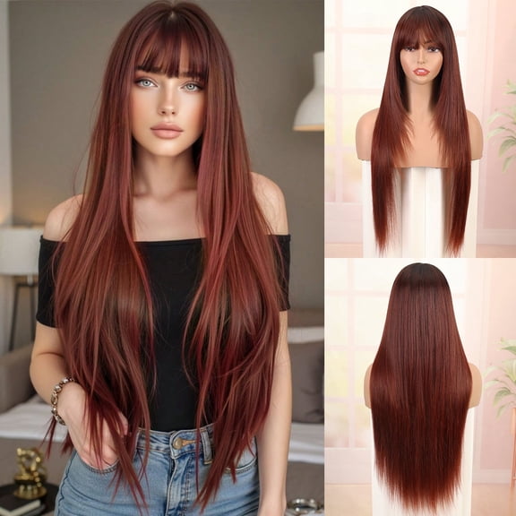 Creamily 28 Ich Glueless Reddish Brown Long Straight Layered Wigs for Women Synthetic Wig with Bangs