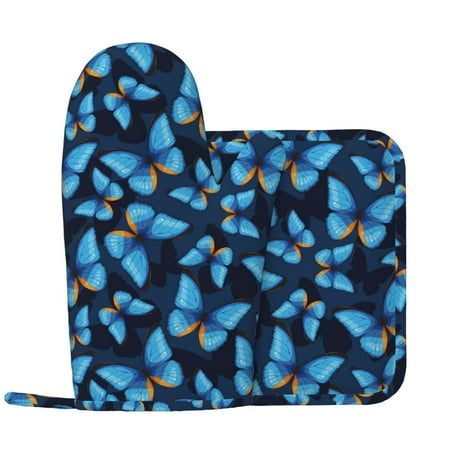 

Oven Mitts and Pot Holders Sets Blue butterfly Non-Slip Silicone Oven Gloves Potholders Cotton Lining Heat Resistant Gloves Hot Pads for Kitchen Cooking Baking