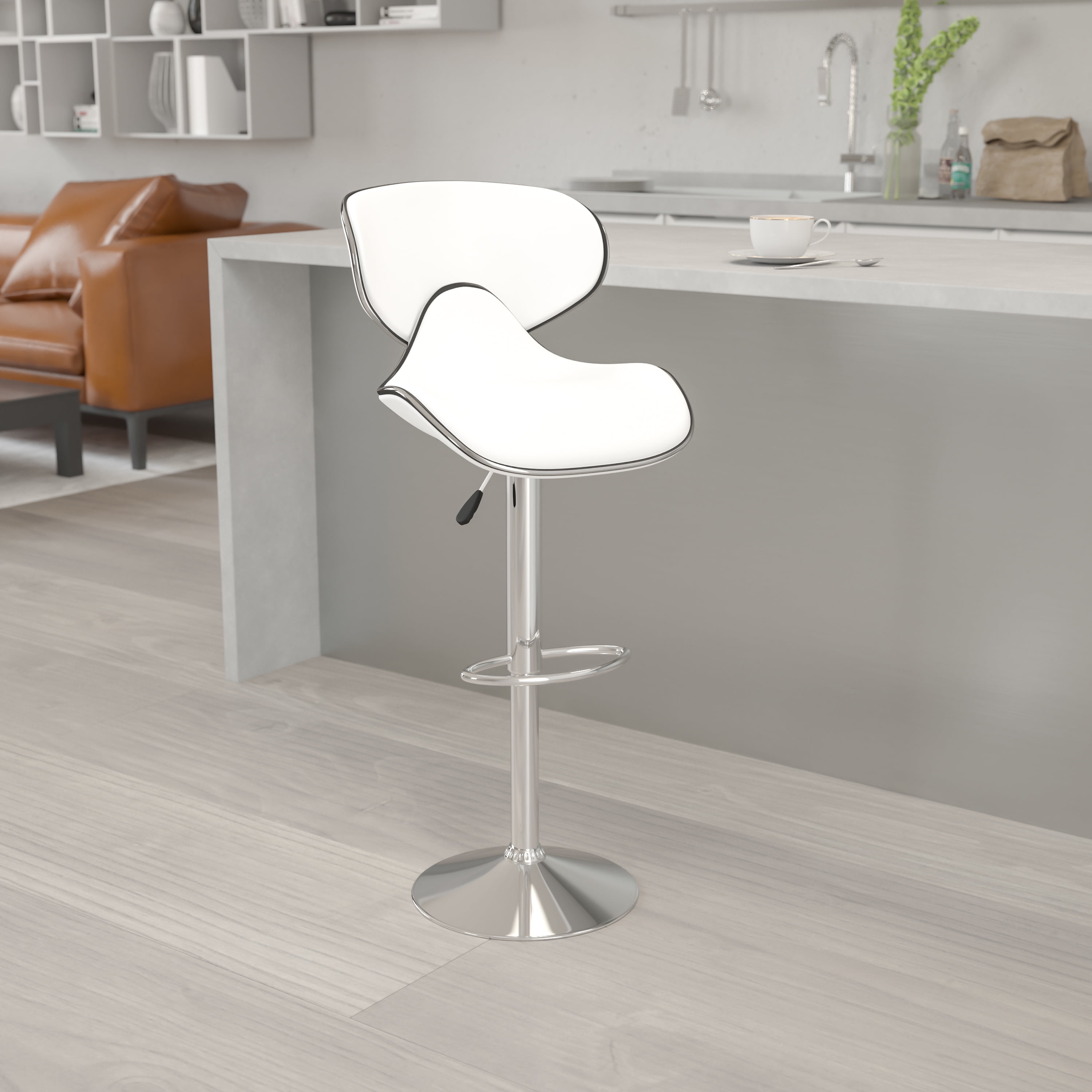 Flash Furniture Devin Contemporary Cozy Mid-Back White Vinyl Adjustable Height Barstool with Chrome Base