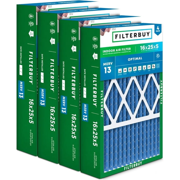 Filterbuy 16x25x5 MERV 13 (MPR 1900) Health Defense, Pleated HVAC AC Furnace Air Filters for Honeywell FC100A1029, Lennox X6670, Carrier, & More (4-Pack)