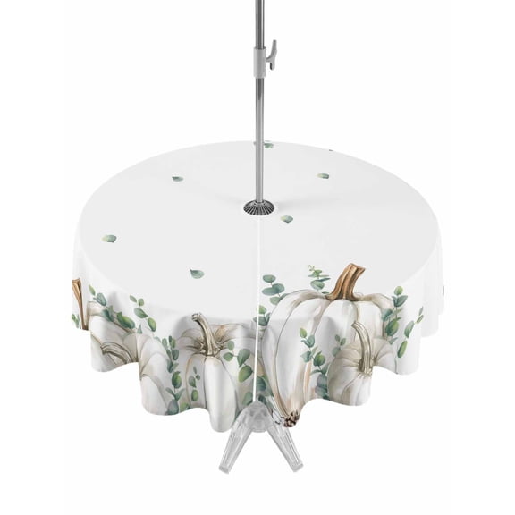 Outdoor Tablecloth with Umbrella Hole and Zipper, Thanksgiving Pumpkins Round Table Cloth 60 Inch Waterproof Tablecloth, Fall Eucalyptus Leaves Autumn Picnic Table Cover for Patio Camping