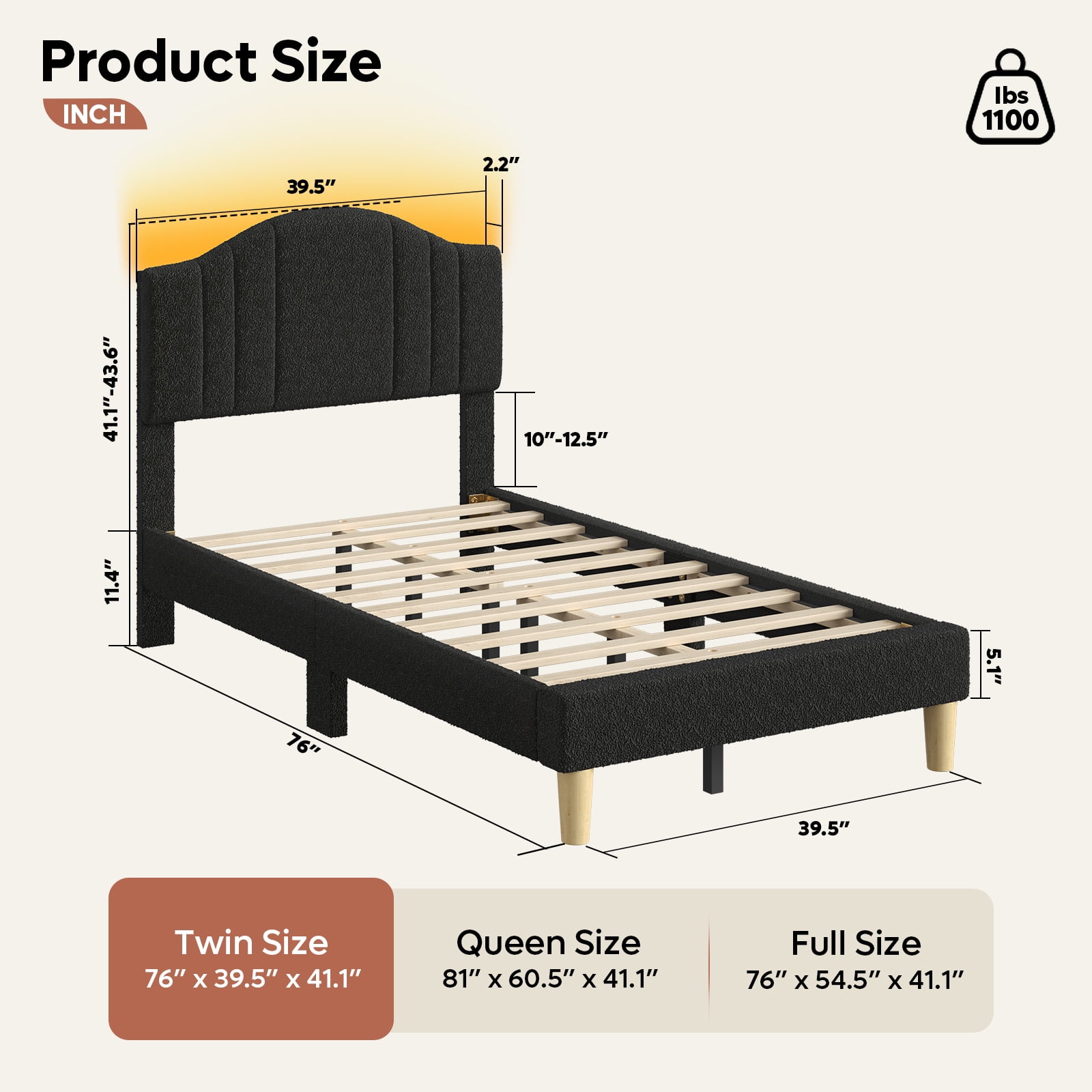 Pinmoco Twin Upholstered Bed Frame with Adjustable Arc-shaped Headboard, LED Platform Bed, Teddy Velvet Black