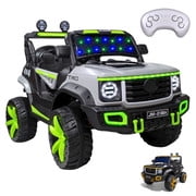 camioneta eléctrica montable niños control remoto bluetooth camioneta infantil blanco y verde vista 3/4 frontal con volante y asiento 38 x 20 cm, cinturón de seguridad ajustable, puertas abatibles y cajuela trasera, llantas con suspensión y modo mecedora; incluye control remoto para padres, panel con Bluetooth, USB y auxiliar e indicador de batería, y suele usarse para sesiones de juego musical supervisado.
