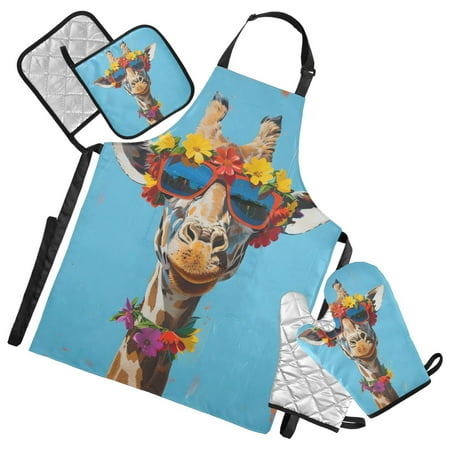 Giraffe with Sunglasses 5 Pcs Kitchen Set Heat Resistant Oven Mitts and Non-Slip Pot Holders with Adjustable Cooking Apron