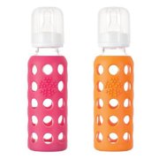 Lifefactory Glass Baby Bottle with Silicone Sleeve 9 Ounce, Set of 2 - Raspberry/Orange