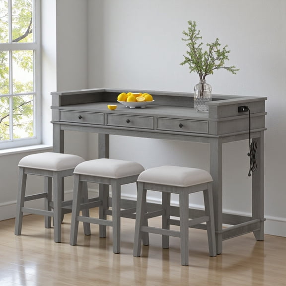 GZXS 4-Piece Bar Table Set with Charging Station & Drawers, 53" Long Counter Height Dining Pub Set with 3 Upholstered Stools for Small Space Kitchen, Light Gray