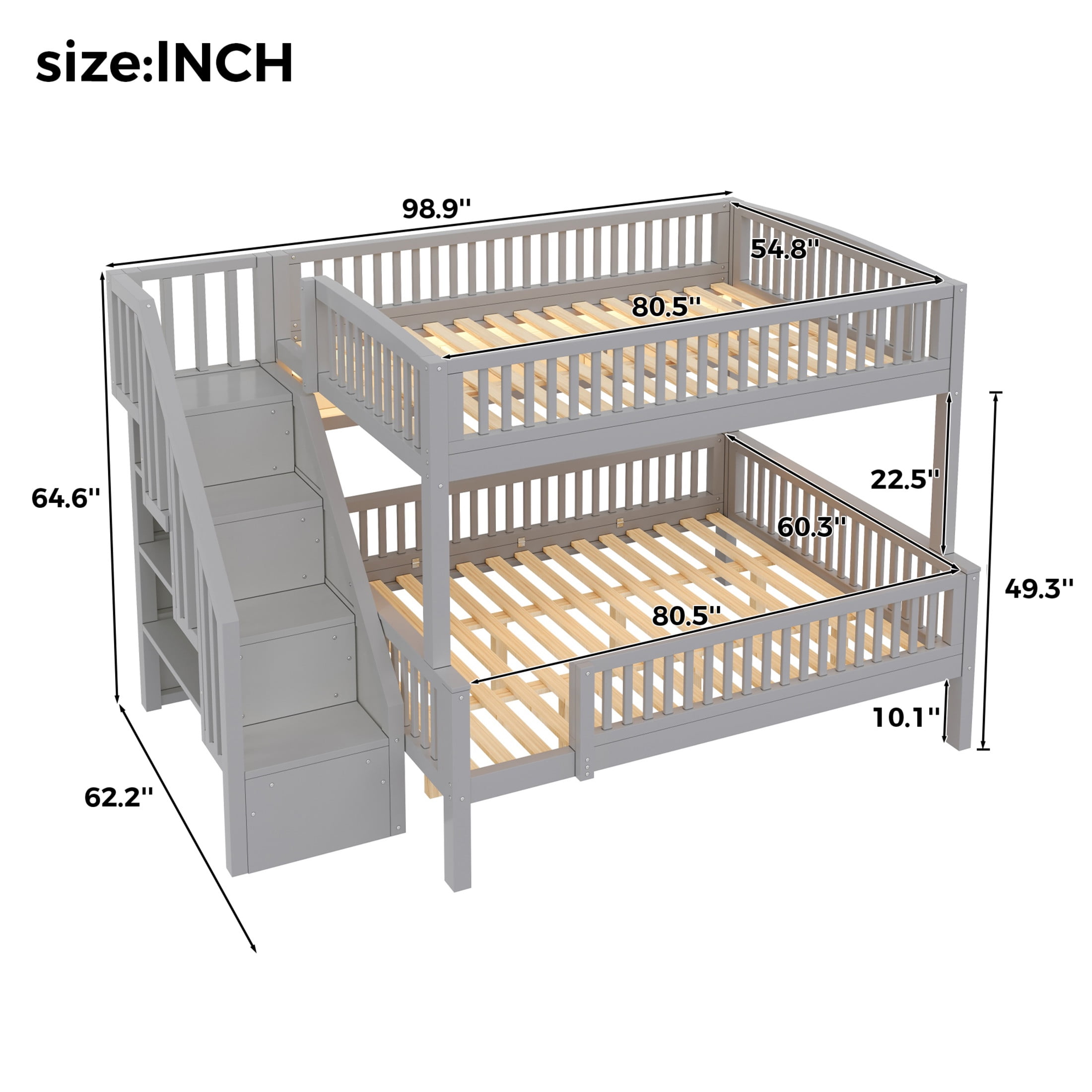 Noble House Dalmor Full XL over Queen Bunk Bed with Storage Staircase & Built-in Bookshelf, Adjustable LED Light, Grey