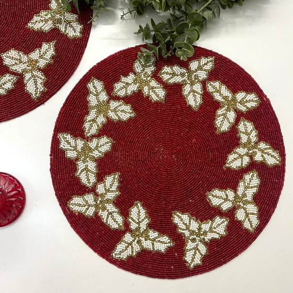 Set of 6, Christmas Special beaded placemat, 14 inch, gifts, holly berry design, red white gold