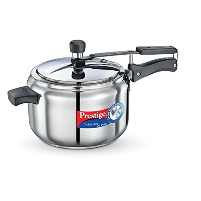 Nakshatra Alpha Stainless Steel Pressure Cooker With Inner Lid - 5 Liters, Silver | Pressure Cooker With Unique Deep Lid - Spillage Control Lid, Metallic Safety Plug