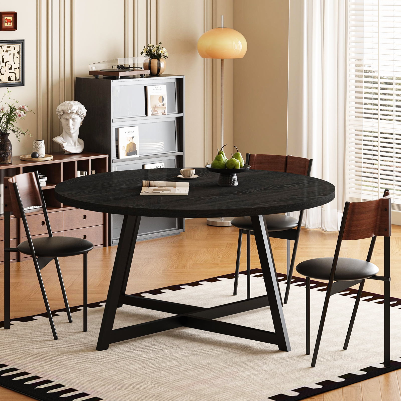 JassmiPkwy Round Dining Table for 4-8 People,Kitchen Dining Room Circle Dinner Pedestal Table,Space Saving Wood Kitchen & Dining Room Furniture (Black, 59In)