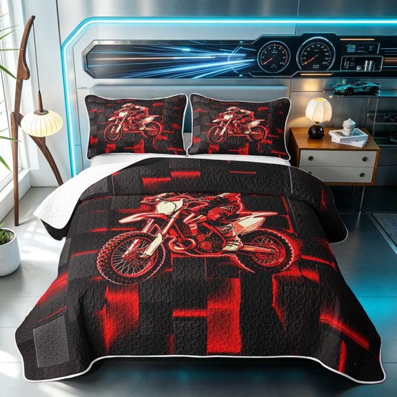 Erosebridal Dirt Bike Twin Quilt Set, Motocross Twin Coverlet Set, Red Cube 2pcs 1 Bedspread and 1 Pillowcase
