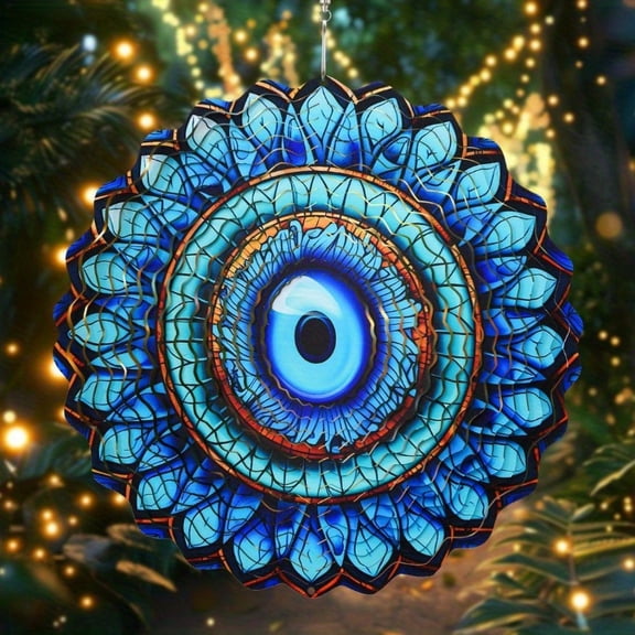 HELLOYOUNG 10in Kinetic Metal Evil Eye Wind Spinner - Intricate Blue & Turquoise Glass Design Versatile Indoor Art for Garden Patio or Window Decor Gift  Garden Enthusiasts Outdoor Decorations