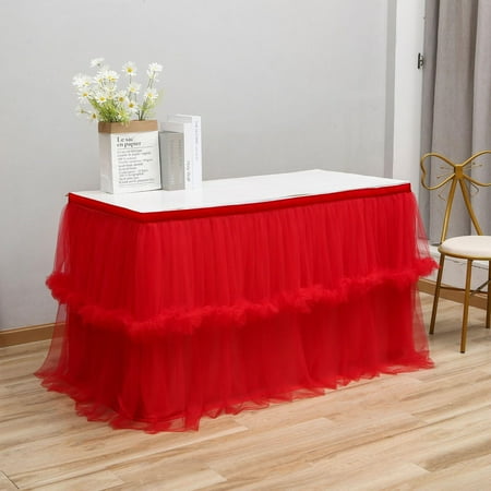 

SUANMAY Table Skirt Decoration Set Tulle Table Skirt Birthday Party Rectangular Round Fluffy Mesh Short Skirt for Party Wedding Baby Shower Decoration Red 2.75m