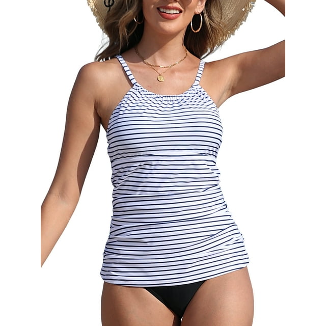 Charmo Women's High Neck Tankini Tops Only Tummy Control Swimsuit Top Ruched Swim Top Without Bottoms