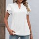 thumbnail image 3 of Blusa de manga corta con cuello en V y volantes para mujer, blusa holgada de color puro con ojales, blusa de moda de verano, color blanco S, 3 of 6