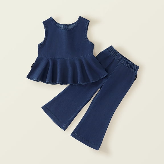 Swuxness Girls 2-Piece Outfits Suits Sleeveless Solid Denim Tops with Flare Pants Summer Fashion