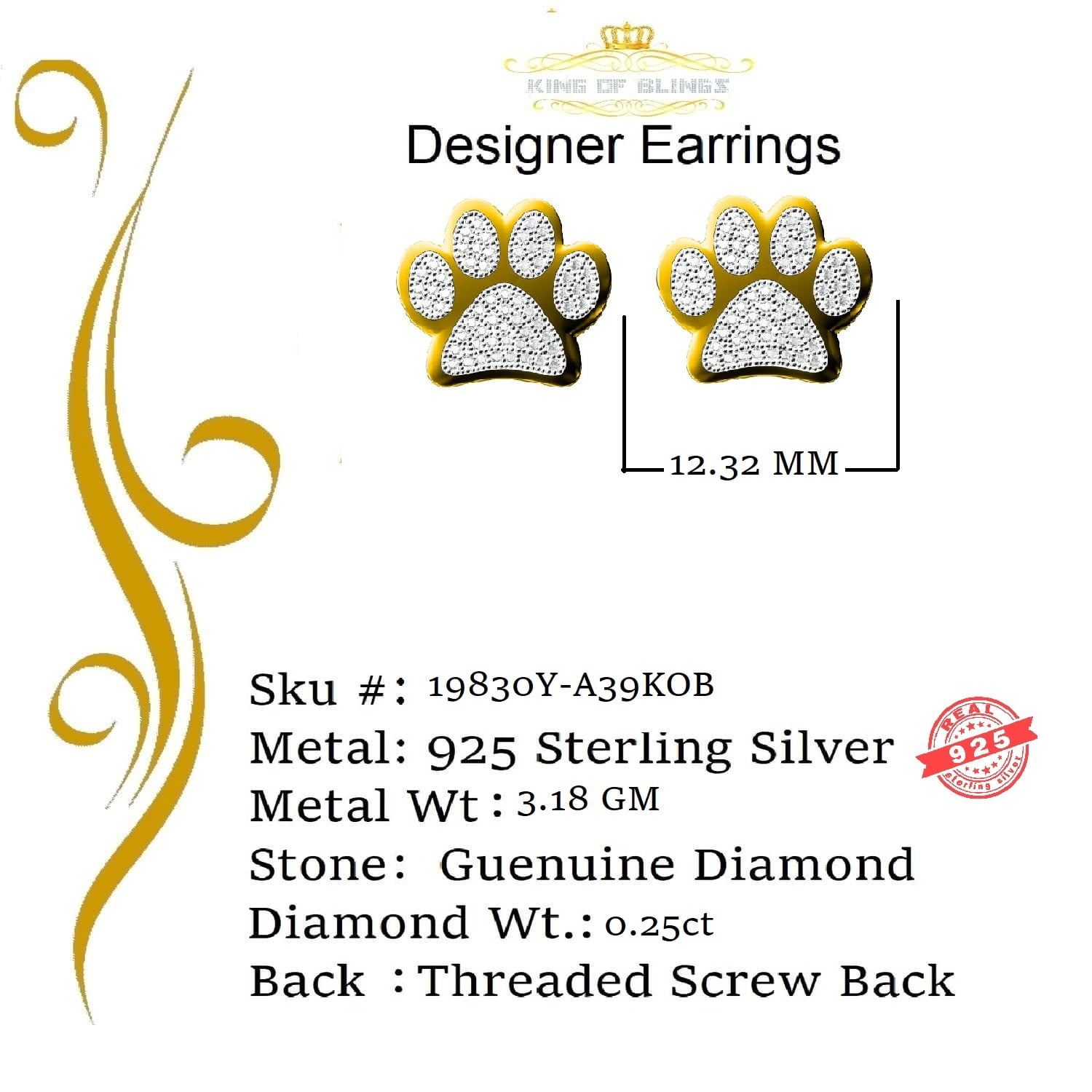 King of Bling's 925 Yellow 0.25ct Diamond Hip Hop Men's & Women's Stud Earring Sterling Silver