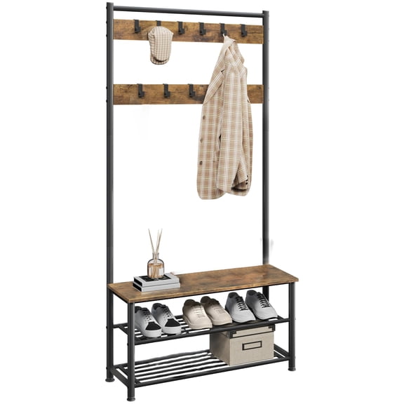 3-in-1 Hall Tree, Mudroom Bench with Metal Shelves and 11 Removable Hooks, Industrial Entryway Storage Bench for Foyer and Mudroom, Easy Assembly, Rustic Brown
