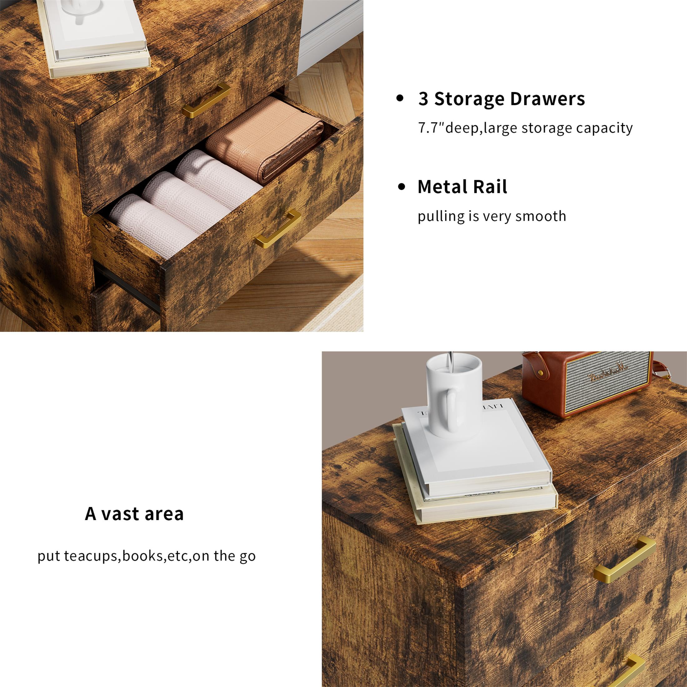 UHOMEPRO Nightstand, Modern 3 Drawer Nightstand, Brown Nightstand with Gold Handle, Wooden Bedside Storage Cabinet Unit for Bedroom/Small Space