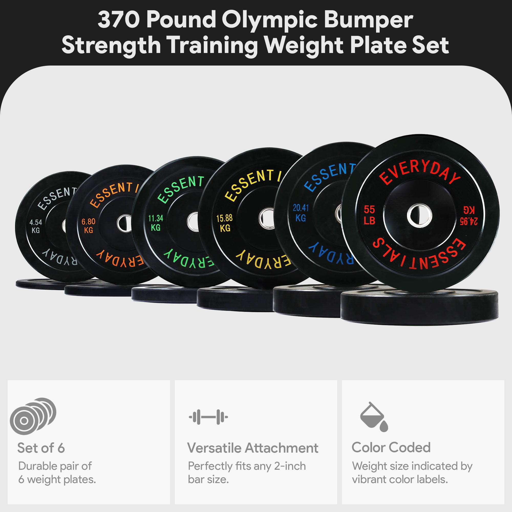 BalanceFrom 370 lb Olympic Rubber Bumper Weight Plate Set with 2” Steel Hub Inserts