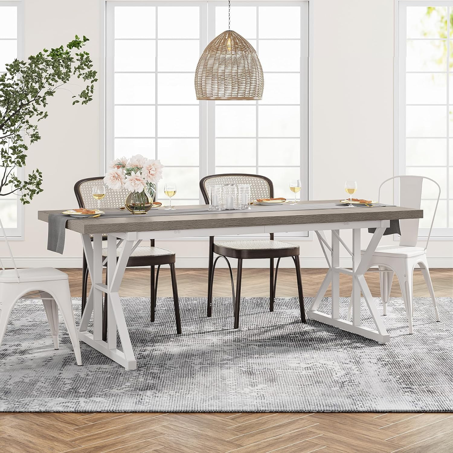 Finmind Farmhouse Dining Table for 6, 71" Rectangular Wood Kitchen Table for Dining Room, Kitchen(Grey/White)