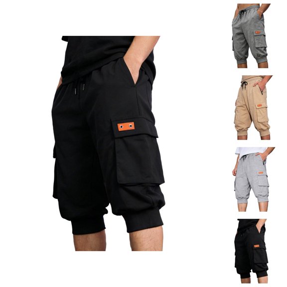 Mens Capri Pants Summer Casual Heavyweight Elastic Waist Relaxed Fit Cropped Cargo Pants with Pockets