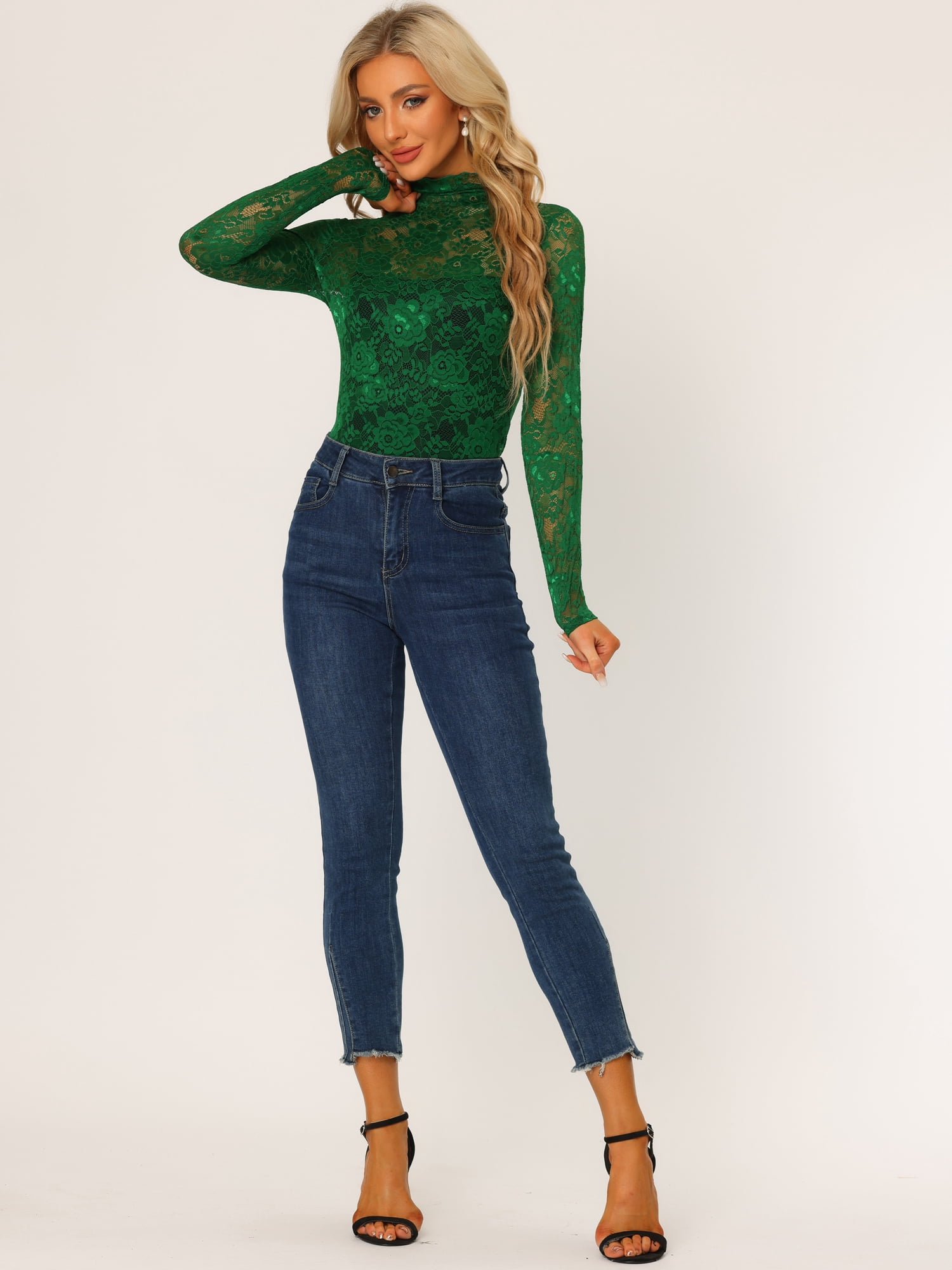 DARING DIVA Women's Long Sleeve Mock Neck Floral Lace Blouse Top XL Dark Green