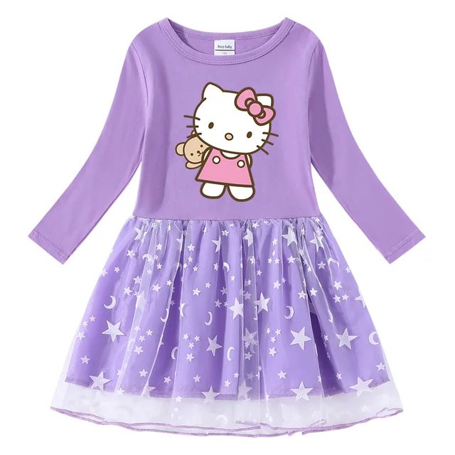Hello Kitty Spring and Autumn New Girls Cotton Cute Cartoon Print Dress Star Moon Net Yarn Long Sleeve Pleated Princess Dress