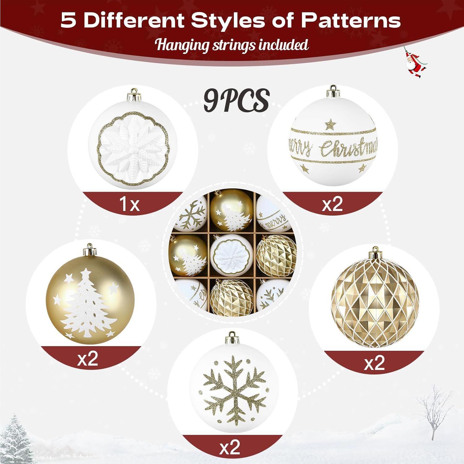 100MM/4 Inch 9PCS Large Christmas Balls Ornaments, Shatterproof Plastic Hanging Big Baubles Set for Xmas Tree Decoration Holiday Party Wedding Decorations with Hook
