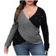 thumbnail image 2 of Suéter de cuello en V para mujer, con bloques de color, otoño e invierno, manga larga, talla grande, poliéster., 2 of 8