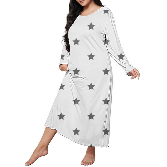 WCJM Pj Set Plus Size Casual Sleep Dress Women's Plus Heart Print Long Sleeve Round Neck Medium Stretch Loose Nightdress
