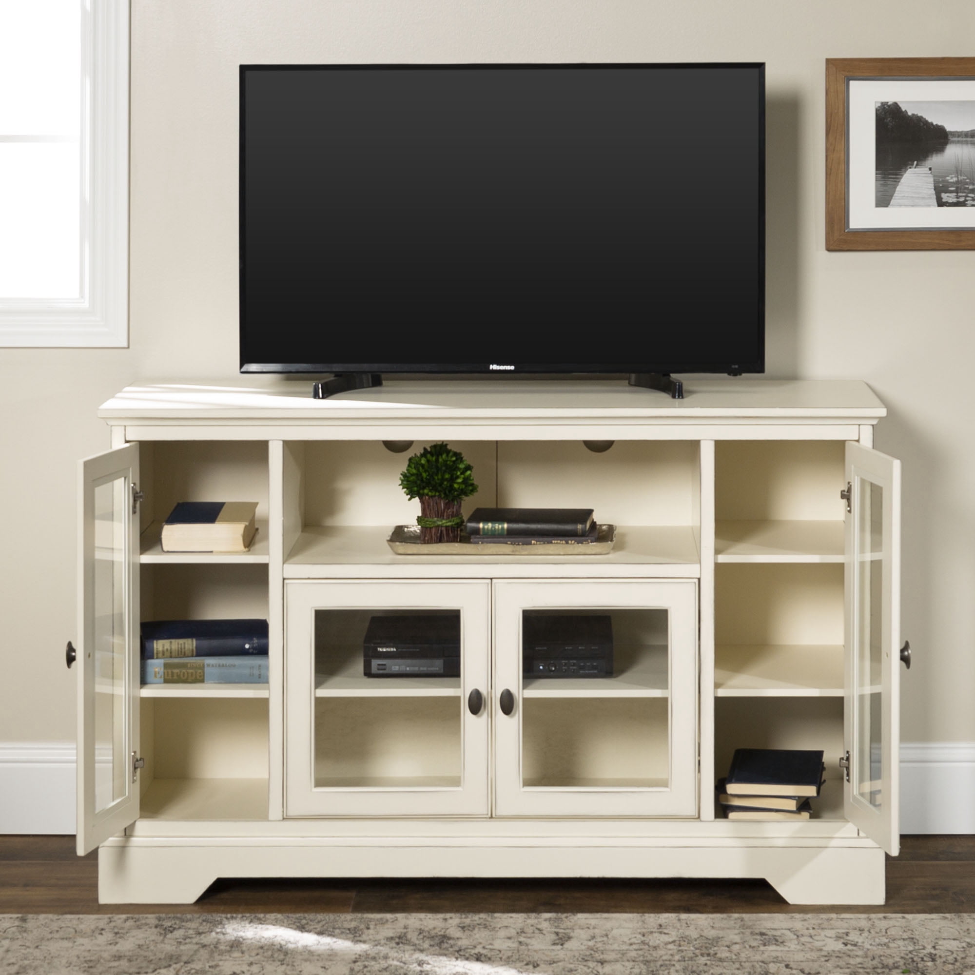 Highboy-Style Wood Media Storage Antique White TV Stand by Manor Park