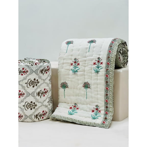 Handmade Cotton Quilt | Soft Quilted Blanket | Block Print Bed Cover | Cottagecore Bedding | Sustainable Home Décor(HBQURQ1016)