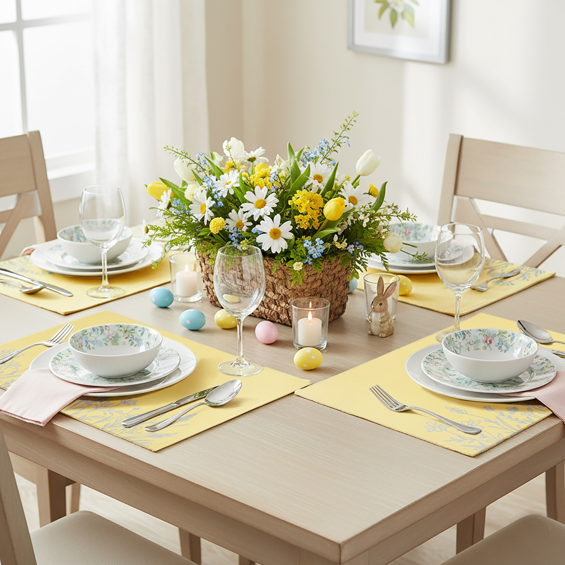 Easter Embroidered Floral 4 pack Table Placemat Set - 14" x 19" Each - 100% Cotton, Yellow