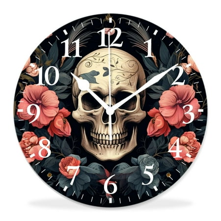 12 Inch Wall Clock Battery Operated Silent Clock Decorative for Office, Kitchen, Outdoor, Living Room,Tatoo Skull on Floral Background Cute Pattern