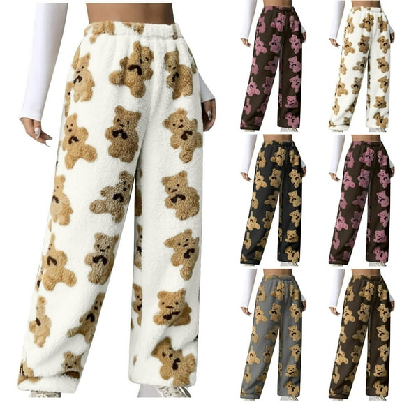 DDAPJ pyju Womens Cute Bear Plush Pajama Pants, Fluffy Fleece Warm Soft Pjs Bottoms Sleepwear Comfy Fuzzy Lounge Winter Pants Black L