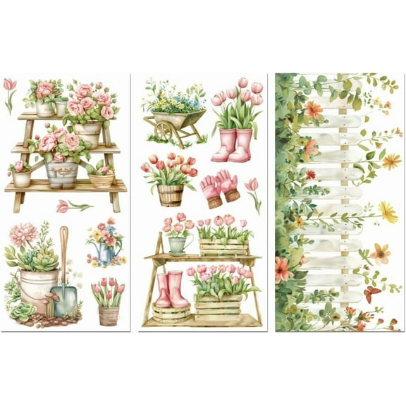 Rub on Transfer Decals for Furniture Crafts Decor Garden Flowers 6"x12" 3Pcs Waterproof UV Transfer Decals Sticker for Dresser Glass Porcelain Wood Plastic
