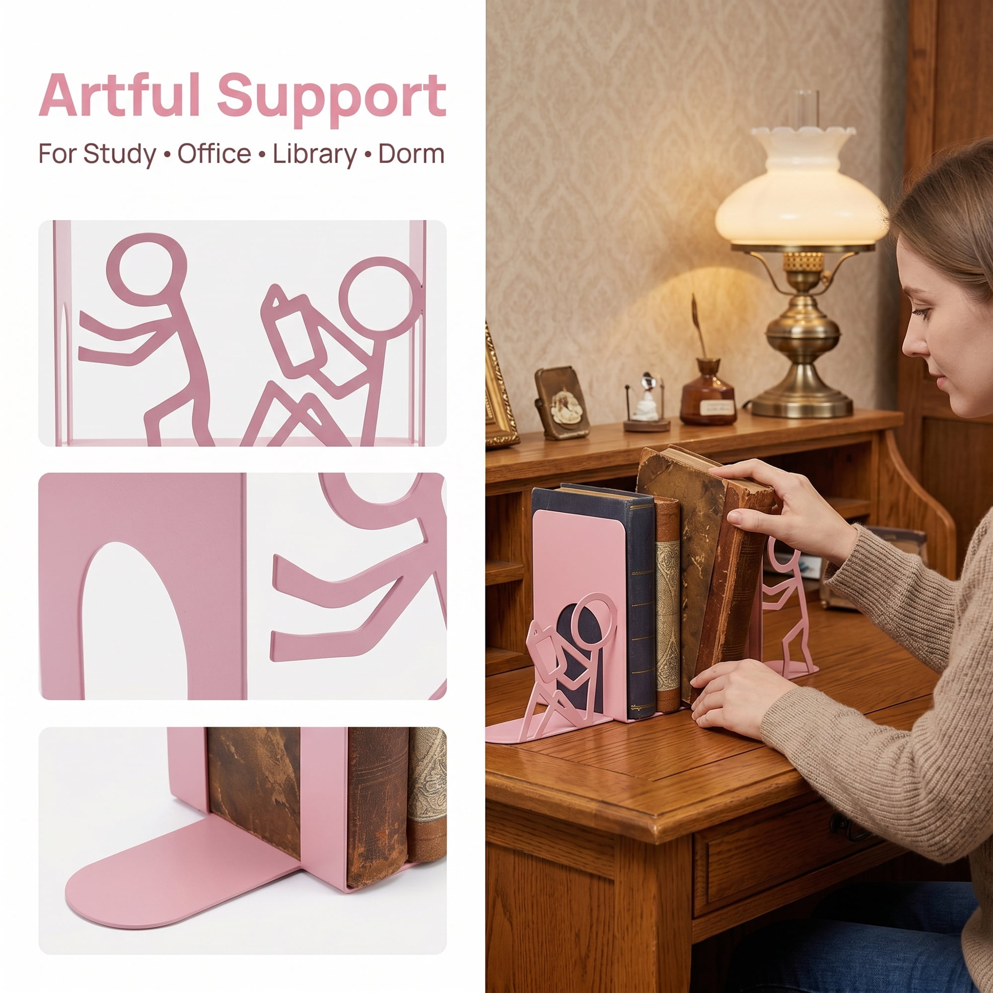 Unique Bargains 2Pcs Decorative Metal Minimalist Humanoid Book Ends Pink 3.1*2.5*7.7inch