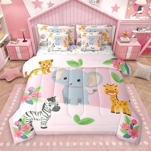 Manfei Cartoon Elephant Zebra 7-Piece Twin Bedding Sets,Cute Zoo Animal Bedding Comforter Set,Kawaii Giraffe Pink Flower Sheet Sets For Girls Kids,Breathable Home Decor Reversible