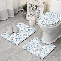 Blue Marine Floral and Animal Pattern Bathroom Rugs Sets 3 Piece,Toilet Cover Set,Absorbent Non Slip Bathroom Mats Sets with U-Shaped Contour Rug Toilet Rug Set