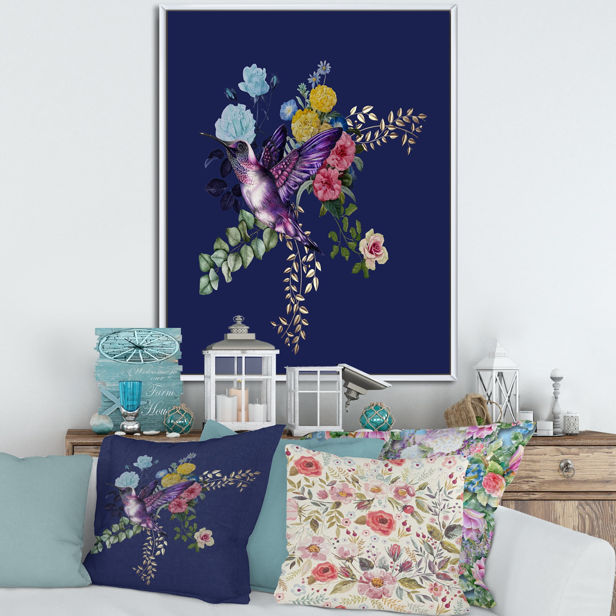 Designart 'Little Bird Sitting On Colourful Bouquet Of Wildflowers I' Traditional Framed Canvas Wall Art Print