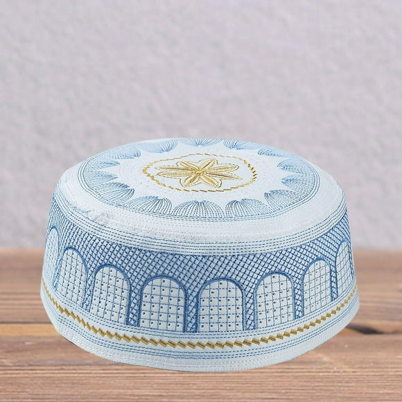 BELOVING Flat Top Islamic Muslim Mens Prayer Kufi Hat Beanie Embroidered Topi Blue