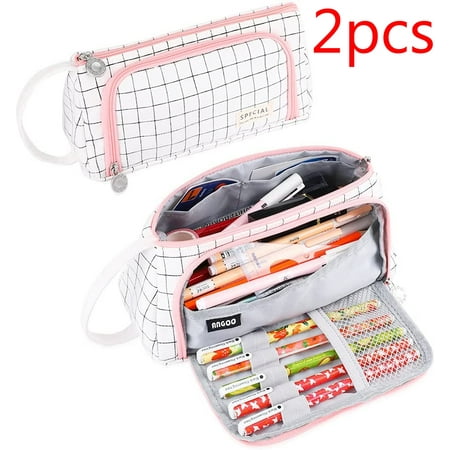 OBOSOE Canvas Pencil Pouch With Handle, Extra Large Capacity Storage Organizer Pen Pencil Makeup Zipper Bag Fabric Cute Simple For Stationery, School Supplies, Cosmetics, 2PCS