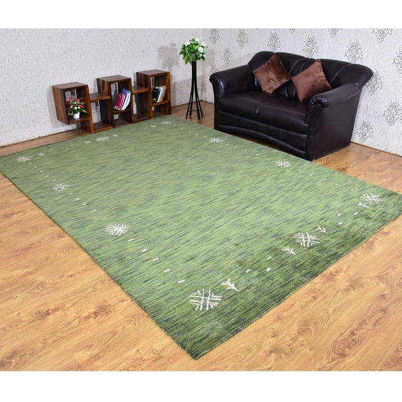 Rugsotic Carpets Hand Knotted Wool Area Rug 8'x11' Green Contemporary Rectangle Indoor Rug for Living Room, Bedroom Antimicrobial L00516
