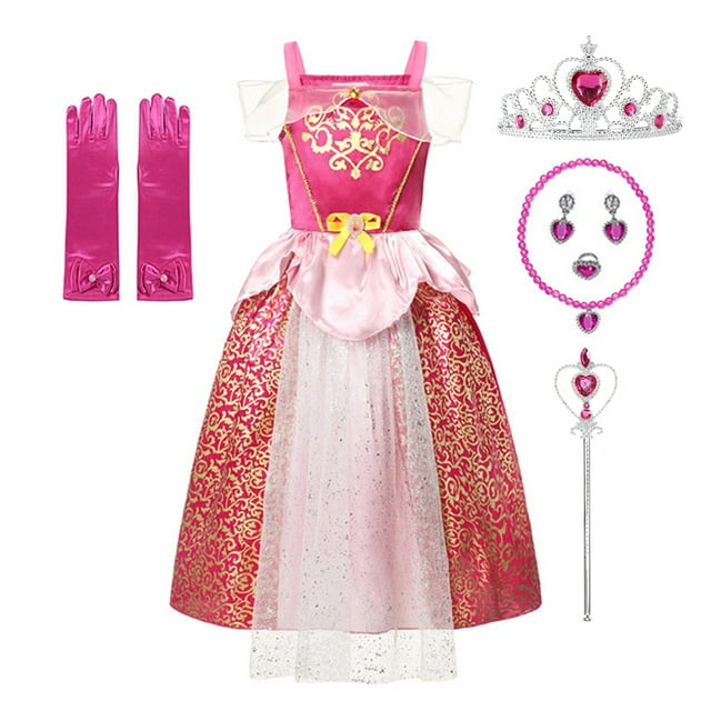 HAWEE Costume de Princesse Aurore, Tenue de Fête d'Halloween et d'Anniversaire pour Filles, avec Accessoires