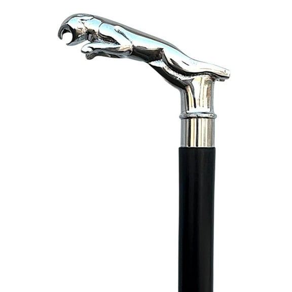 Black Hardwood Wooden Stick with Silver Brass Jaguar Handle, Antique Fancy Walking Cane for Men & Women, Giftable Collectible Cane