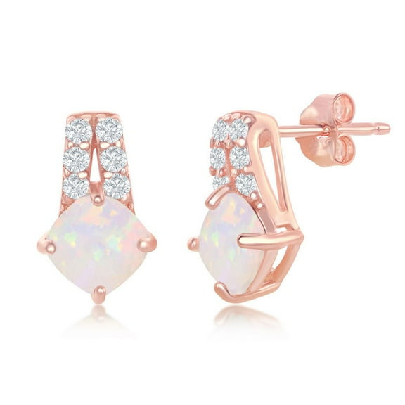 Sterling Silver Rose Gold White Created Opal with Double Row Cubic Zirconia Stud Earrings