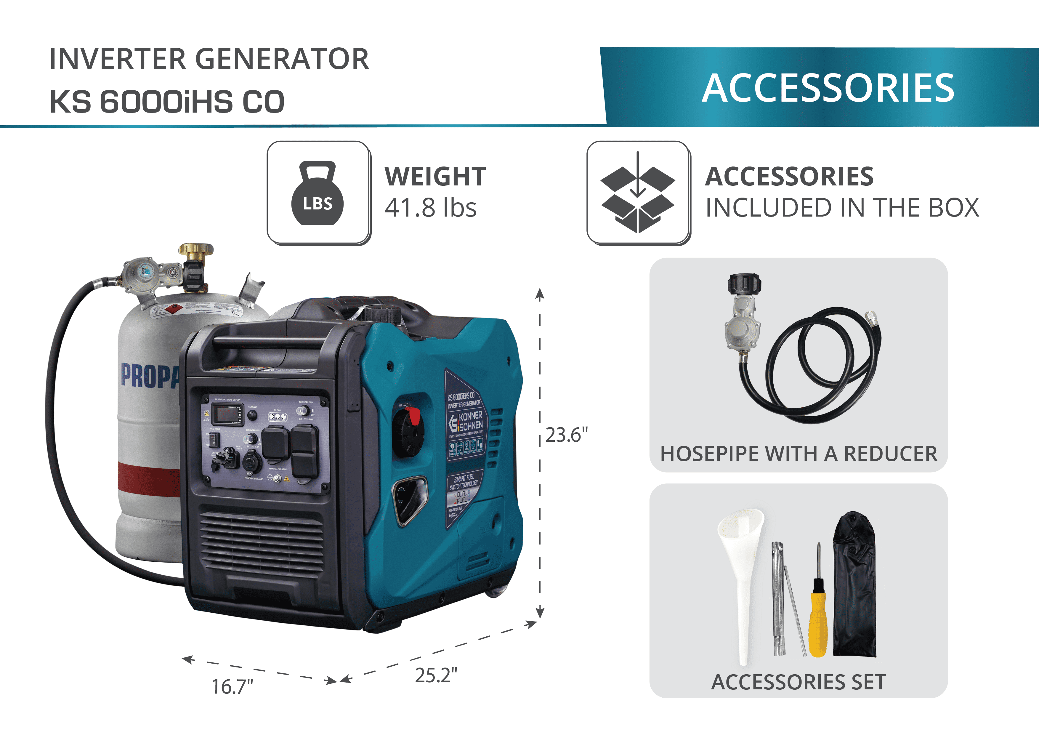 Konner & Sohnen Inverter Generator 5500W, LPG & Gasoline 120/240V CO Sensor, Fuel-Efficient Technology Electric Start LED USB 12V Eco Mode
